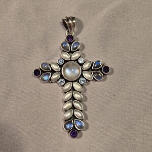 Nicky Butler Silver Cross Necklace with Purple and Blue Accents